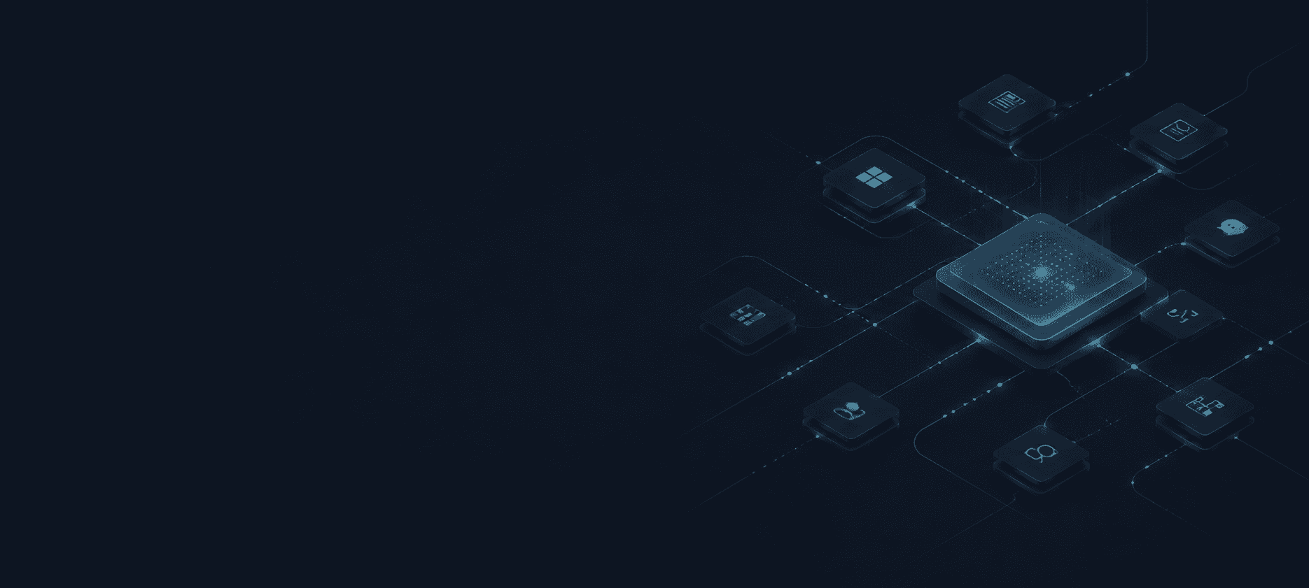 Dunkle Illustration: ein Chip in der Mitte, verbunden mit Kacheln einzelner Systeme